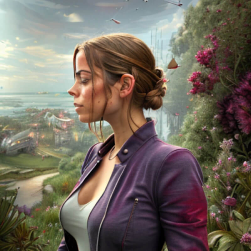 Profile of a woman in a purple jacket standing in a vibrant, futuristic garden with lush greenery and distant structures.