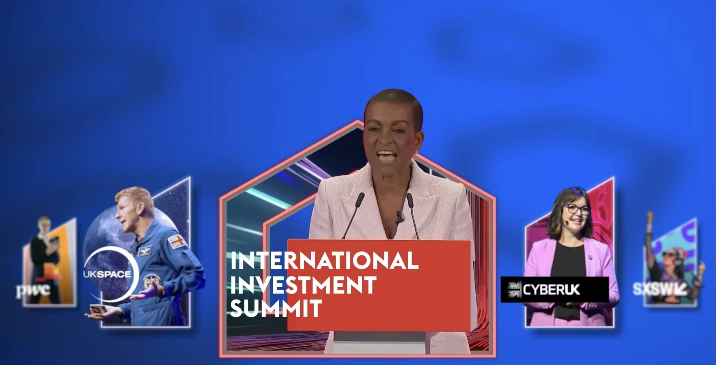 A speaker in a light pink suit delivers a speech at the International Investment Summit, with event graphics in the background.